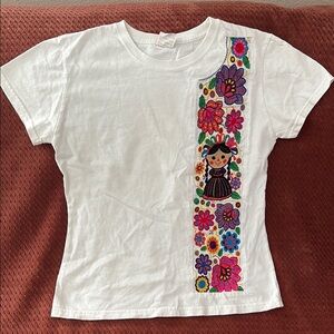 White and Red Short Sleeve Tee with Floral Design